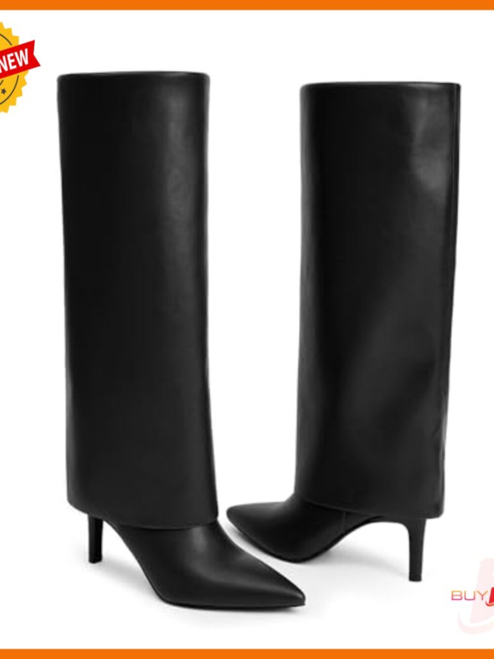 Knee High Boots Fold Over Pointed Toe Stiletto Heel Wide Calf Zipper - Picture 4 of 7
